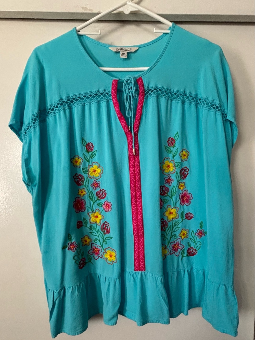 Boho The Pioneer Woman Turquoise Embroidered Peasant Tunic Blouse Women’s 2XL
